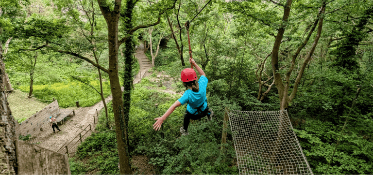 pupil going down a zip line in a wooded forest