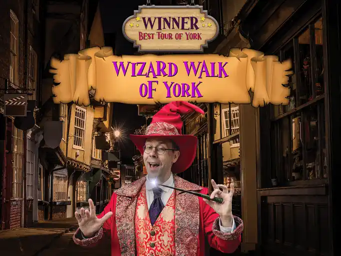 tour guide promo poster dressed as wizard holding a magical stick for wizard walk of York tours