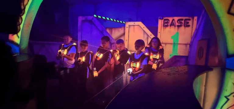 school group firing laser tag guns