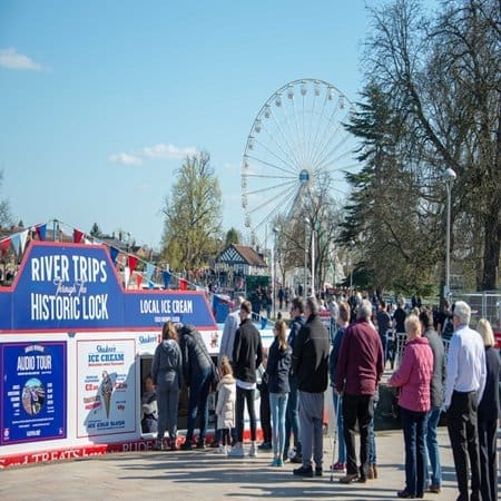 stratford upon Avon Warwickshire England UK March 24th 2019 queue of people waiting to buy ice cream from a boat and then sample other attractions