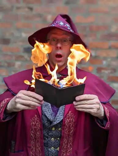 walking tour person in wizard clothing with a burning book