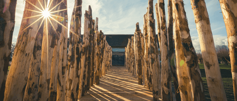 flag fen outdoor building with wooden logs for entrance