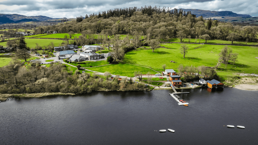 Gwersyll yr Urdd Glan-llyn Residential Centre Wales 3 drone overview of Gwersyll yr Urdd Residential Centre in Wales