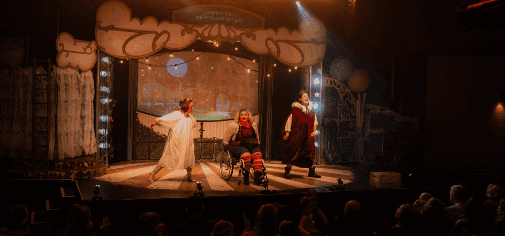 on stage with 3 actors doing show at Stockton Arts Theatre